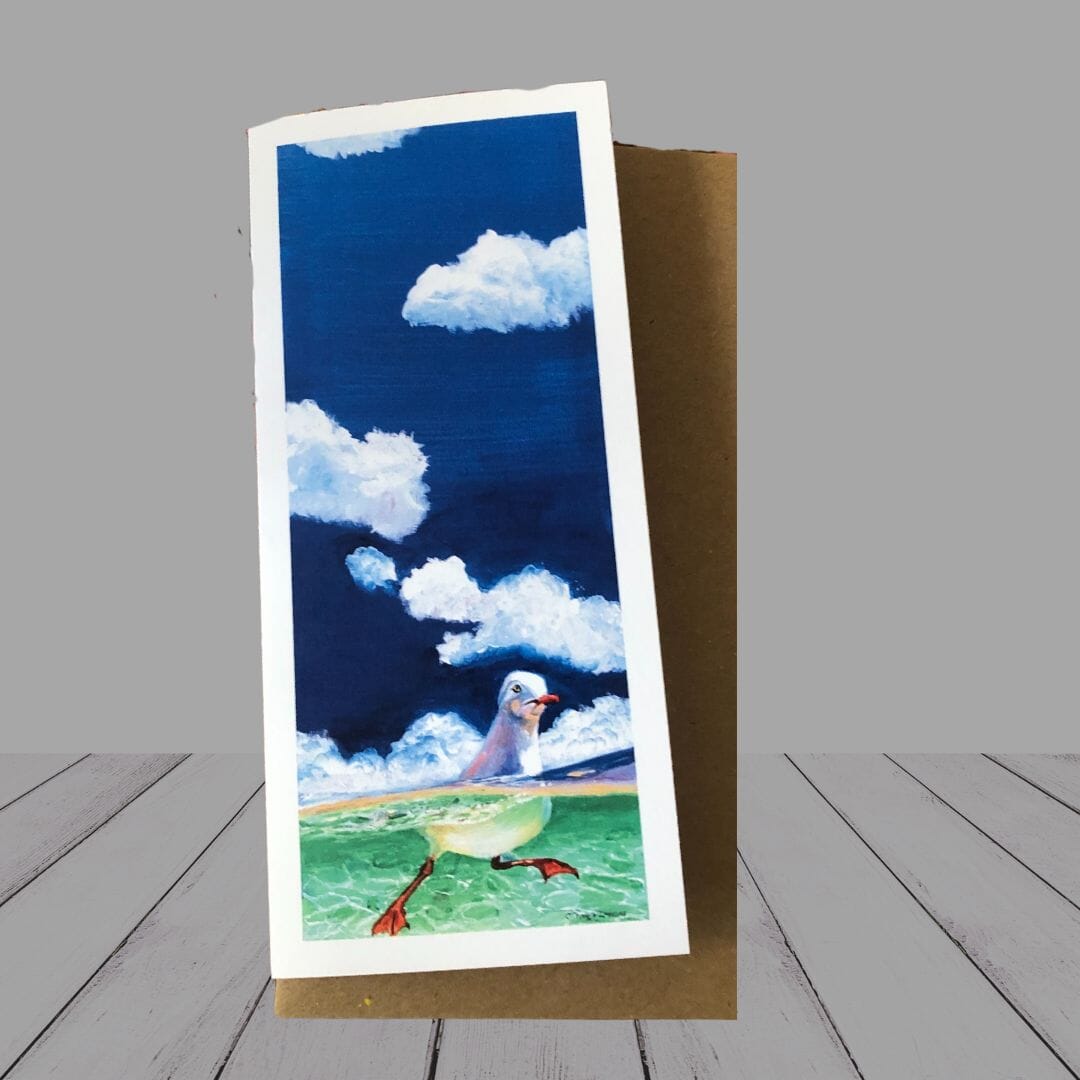 Greeting Card –  “Bobbin’ Along” seagull swimming tall card