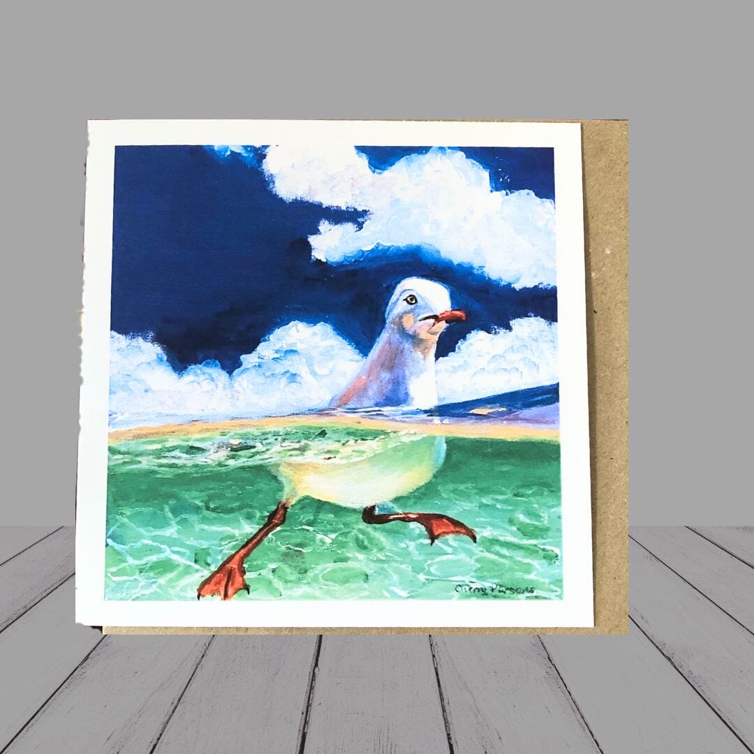 Greeting Card –  “Bobbin’ Along” seagull swimming square card