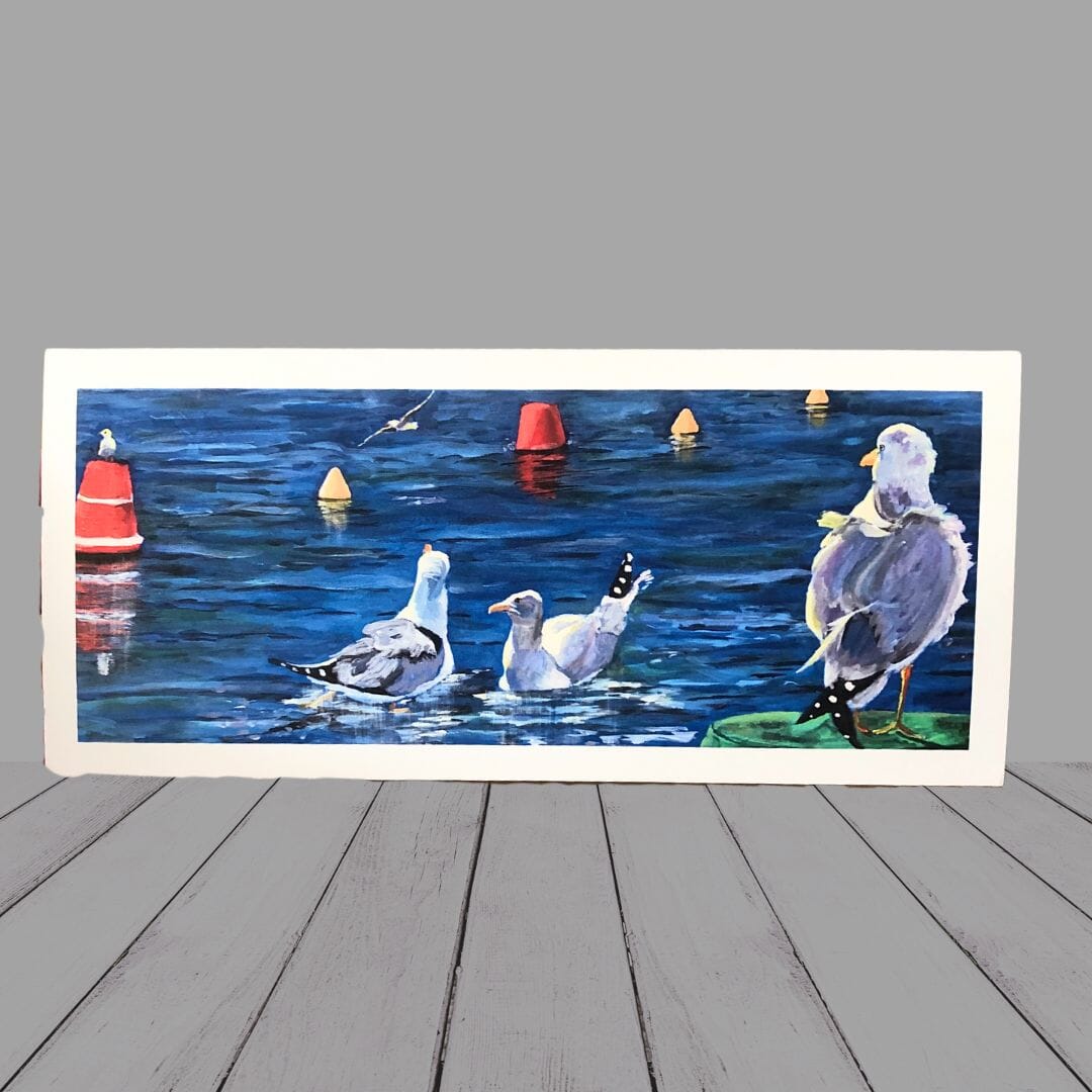 Greeting Card –  “Gulls and buoys come out to play” Seagulls in sea