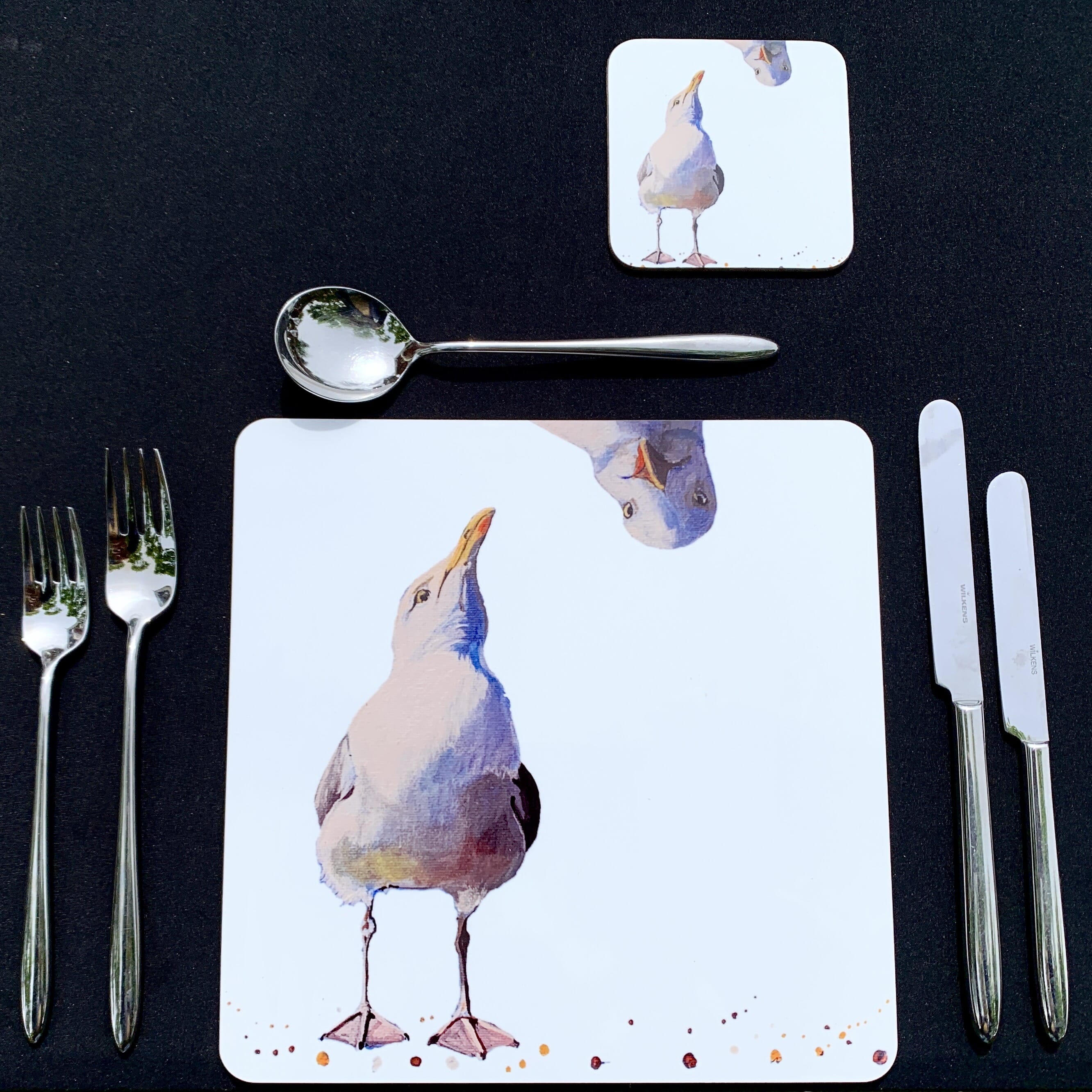 Handmade Seagull Art 23cm x 23cm placemat - Hard Backed, Glossy Finish 