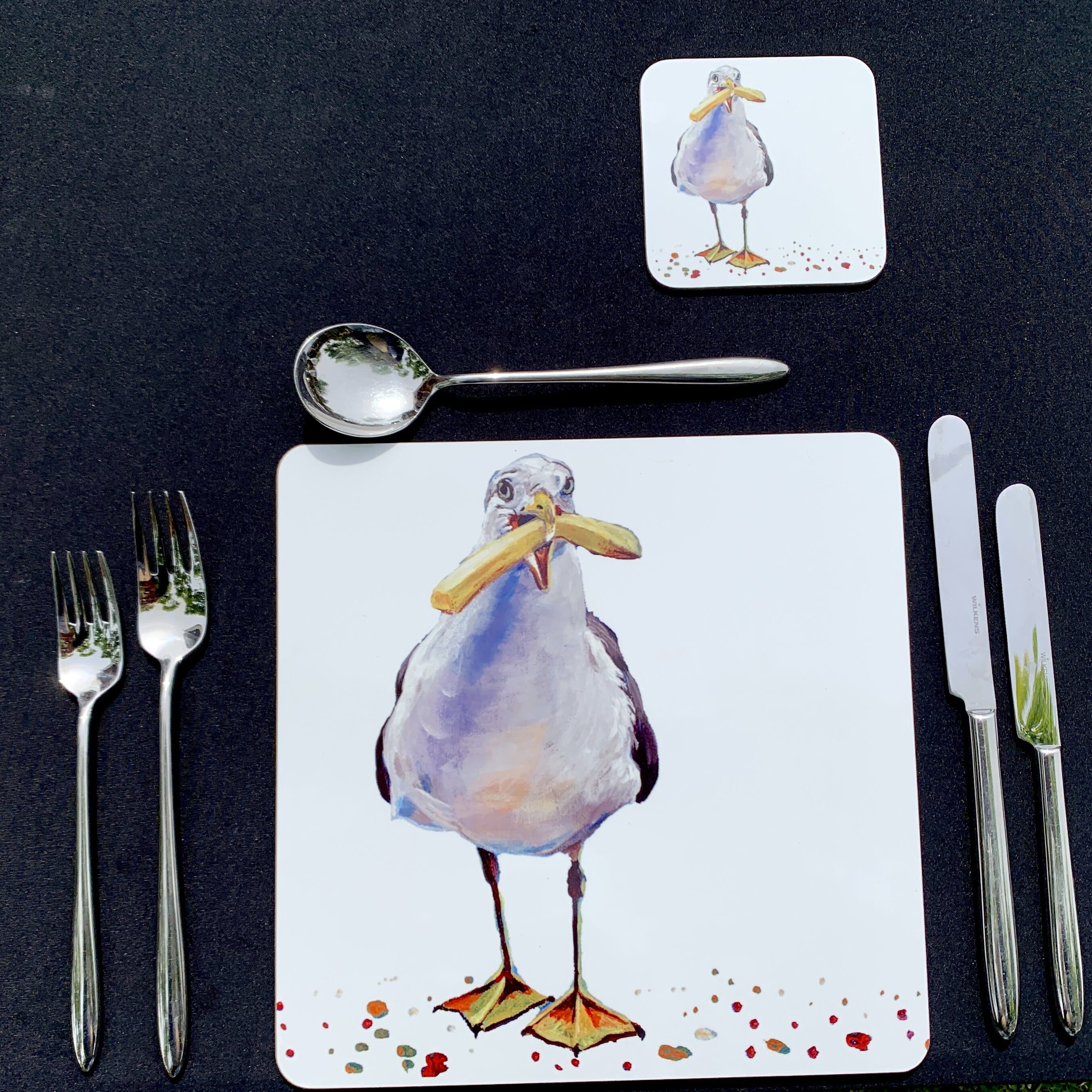 Handmade Seagull Art 23cm x 23cm placemat - Hard Backed, Glossy Finish 