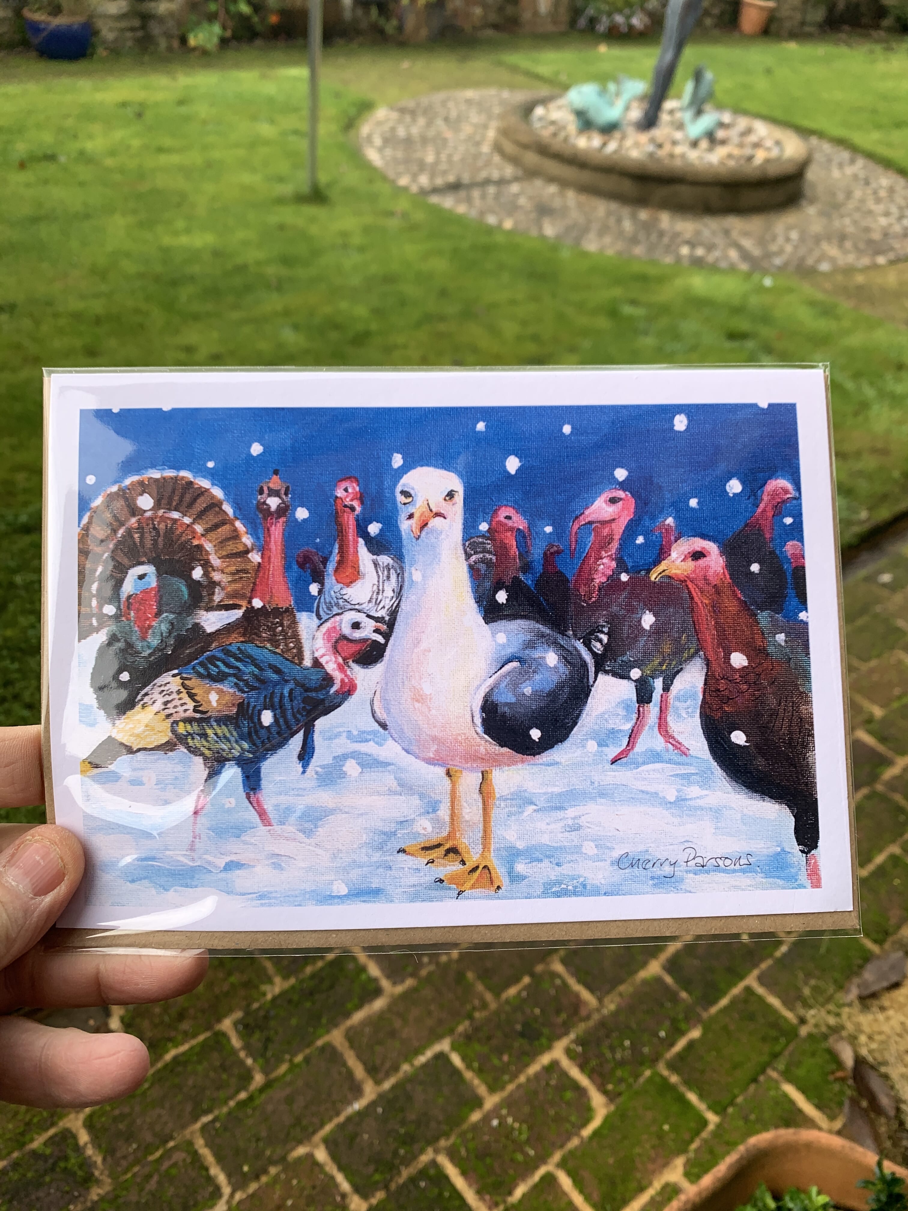 Christmas Seagull and Turkey Card –  “Noel Gullagher and the Low Flying Birds”