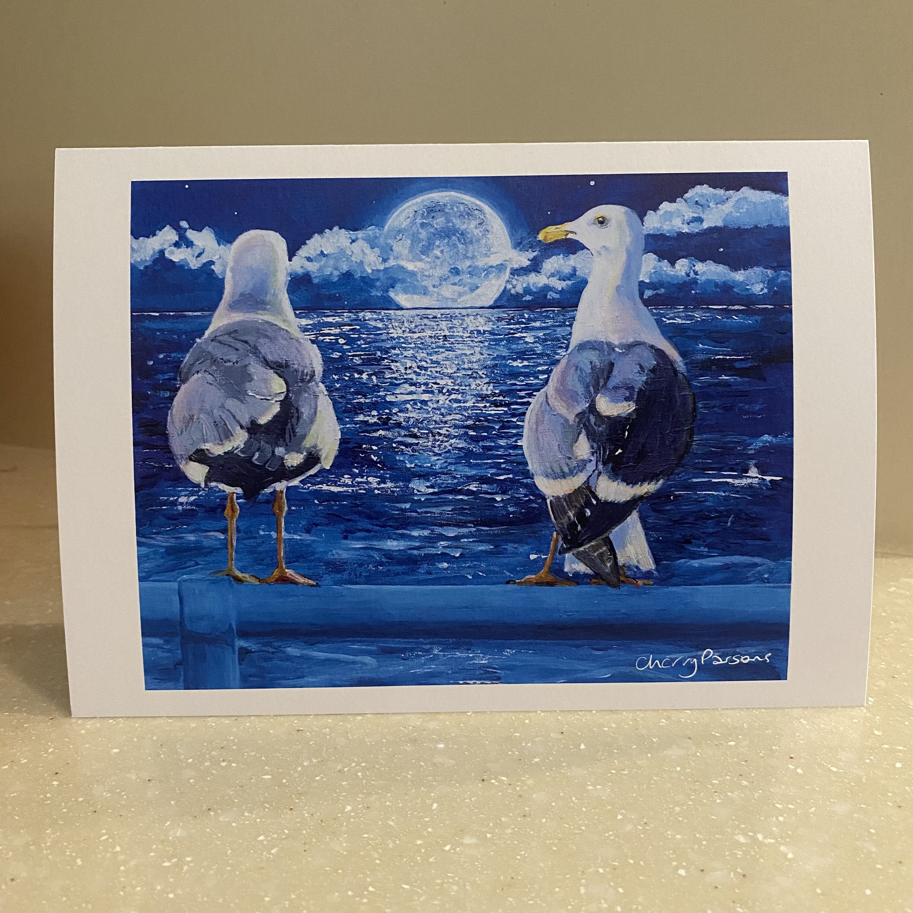 Greeting Card –  “Moonlighting” seagulls watching the moon on the sea