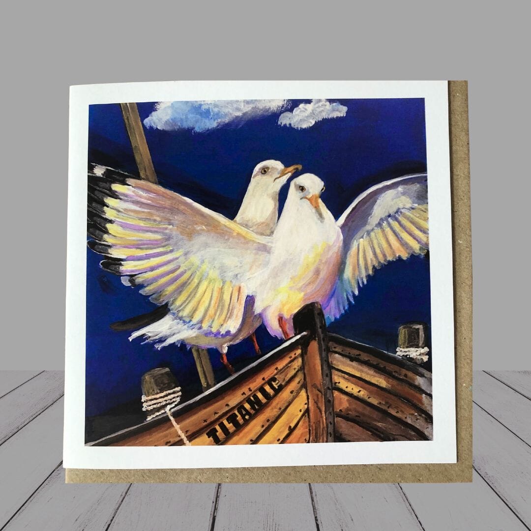 Greeting Card –  “King of the world” seagull reenactment of Titanic