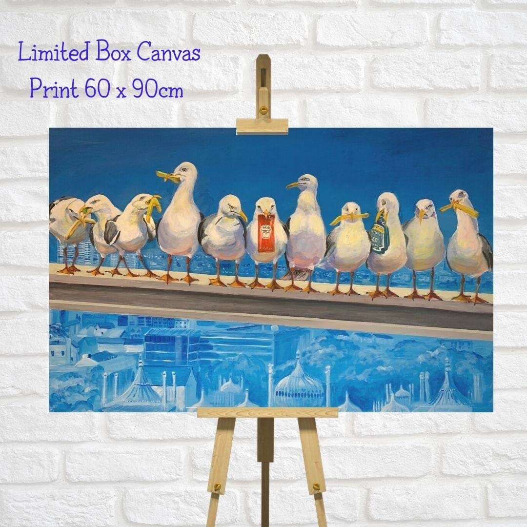 Seagull Art Limited Canvas Print  – Seagulls sharing food, overlooking Brighton City “Who Forgot The Fish?”