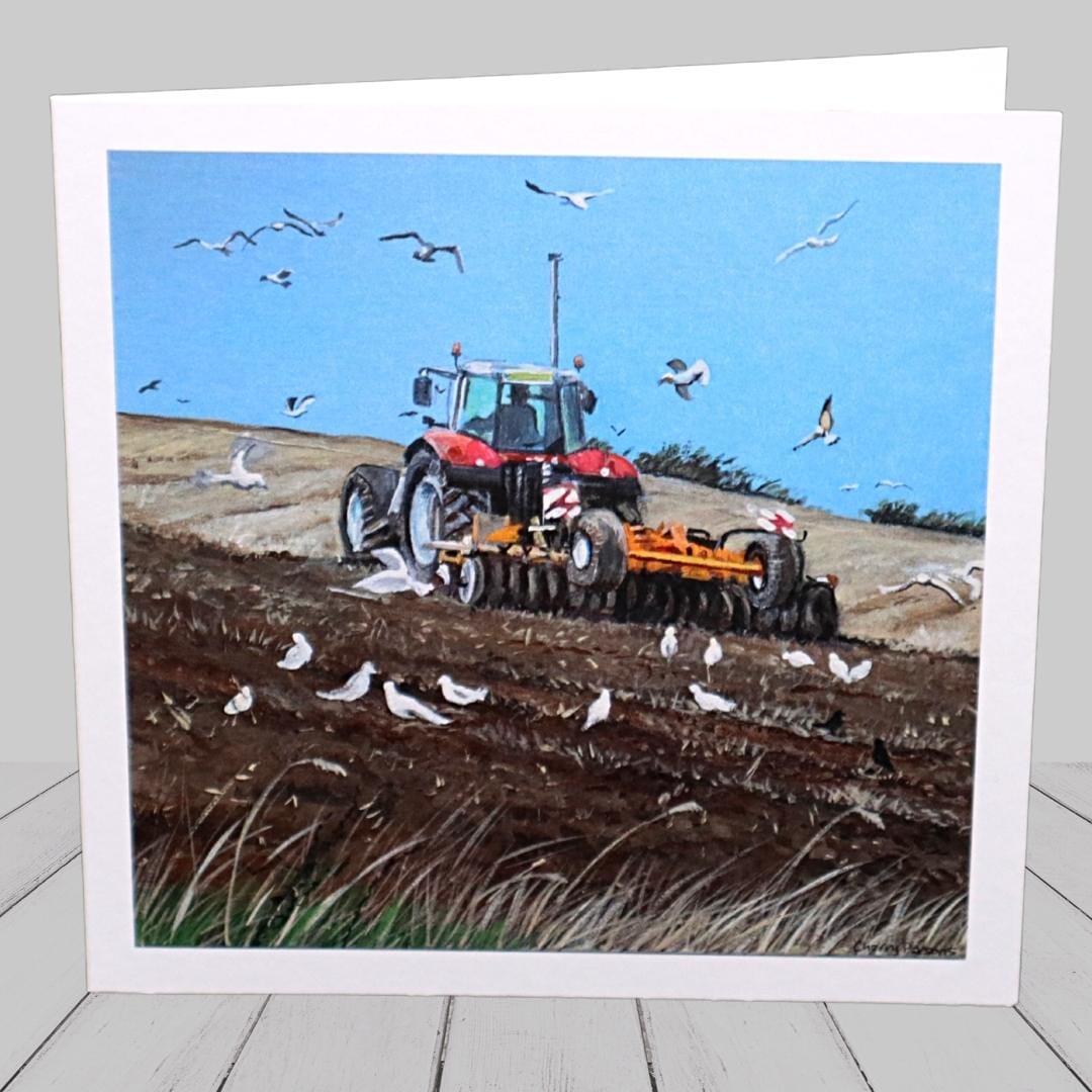 “Tine For Lunch” tractor in a field -landscape greeting card