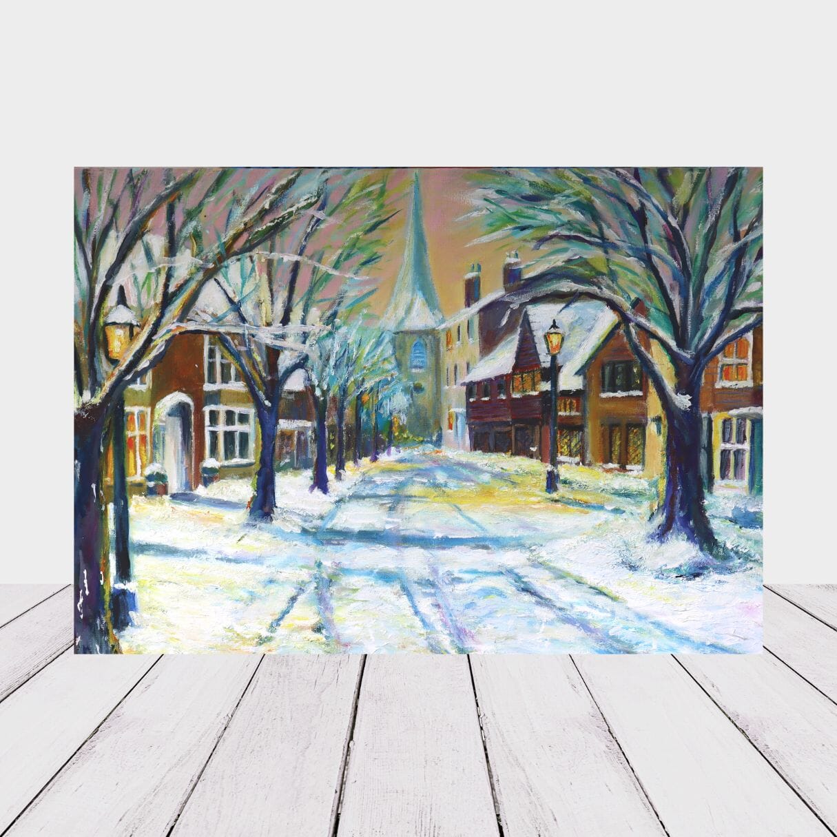 “Causeway Snow II” landscape of Horsham in snow – greeting card