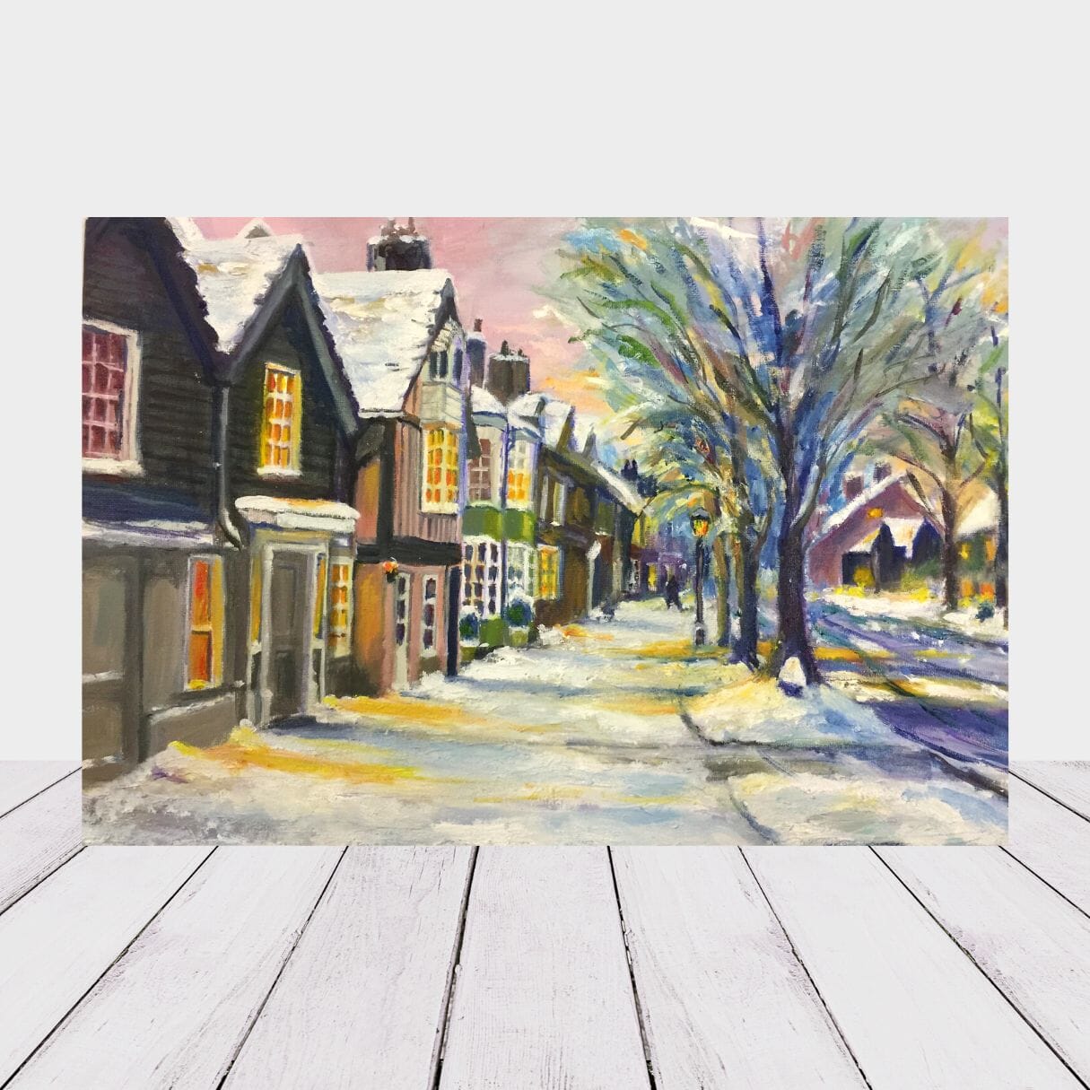 “Causeway Snow III” landscape of Horsham in snow – greeting card