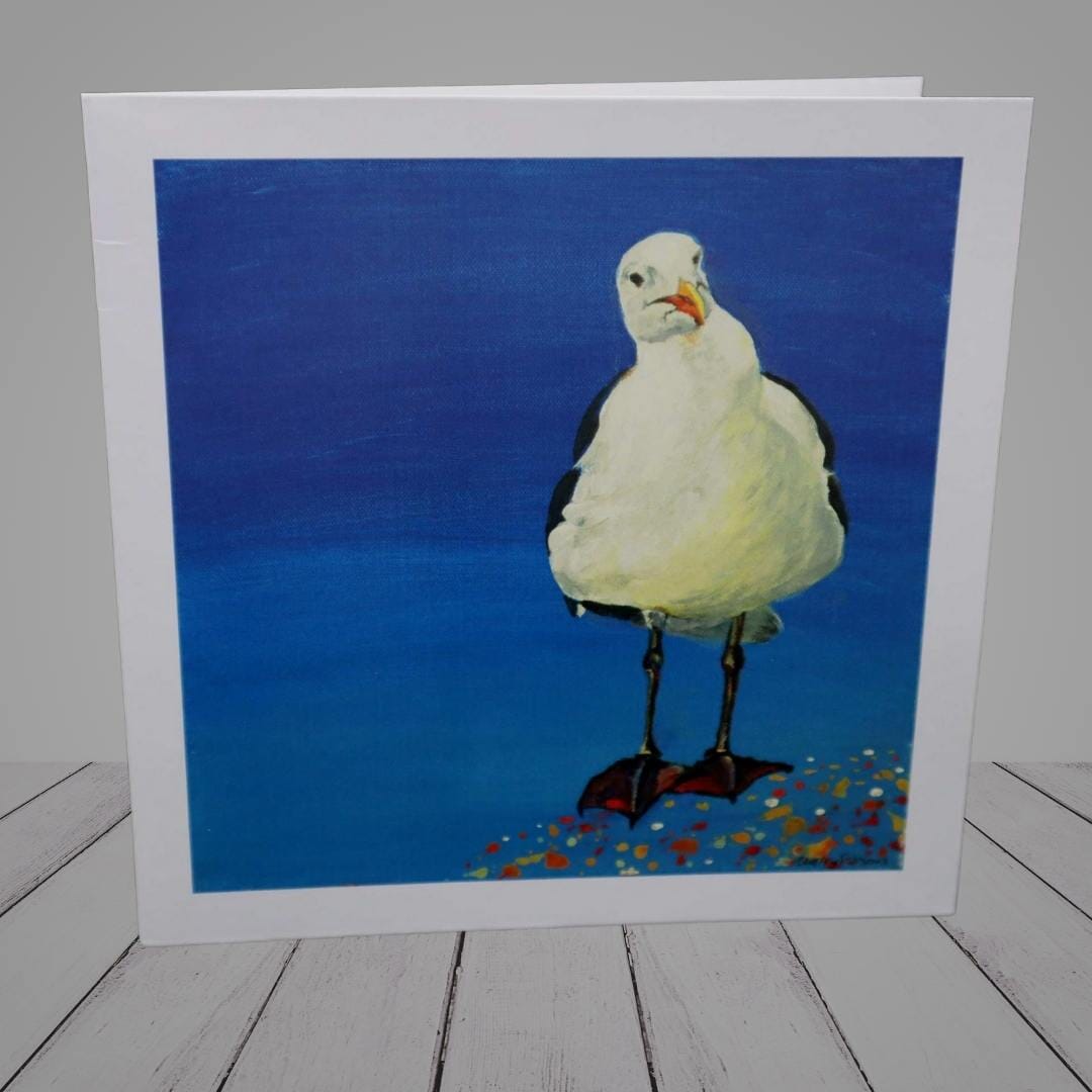 Greeting Card –  Funny Seagull coastal greeting card -“Who, Me?”