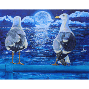 Seagull Art Print in Mount- Seagulls watching moon over sea 