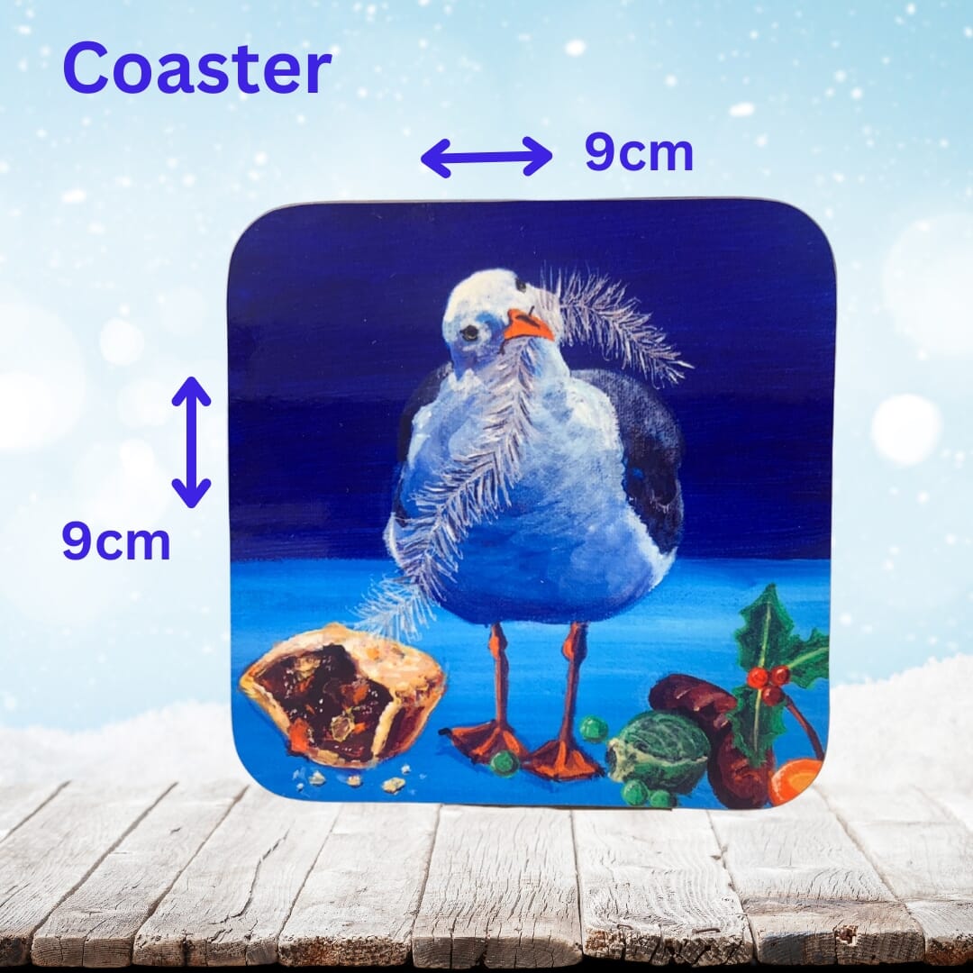 Seagull 9x9cm Coaster – Hard Backed, Glossy Finish “Christmas Day”